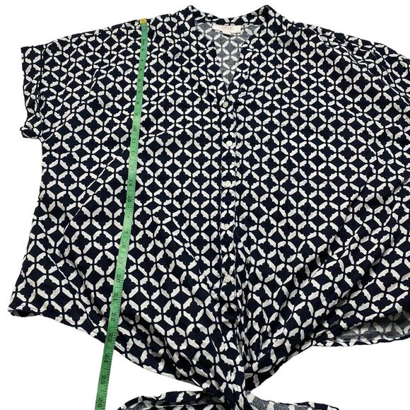 CHARTER CLUB Linen Blue White Geometric Print Blouse Large Tie Front Button Up - Picture 9 of 9